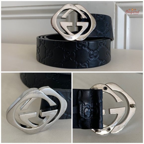 Authentic Gucci Black Monogram Leather Silver Interlocking Square G Belt 100/40 - Picture 2 of 13